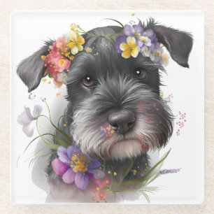 Posavasos De Vidrio Flores de acuarela y cachorro de schnauzer