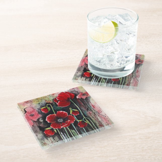 Posavasos De Vidrio Flores De Adormidera En Acuarela (Angular)