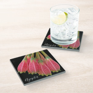 Posavasos De Vidrio Flores de agapetes rojos sobre floral negra