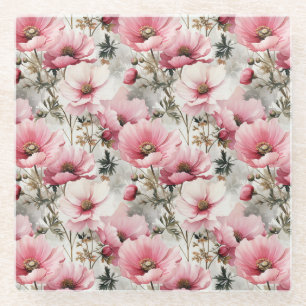 POSAVASOS DE VIDRIO FLORES DE ANEMONA DE COLOR ROSA Y BLANCA