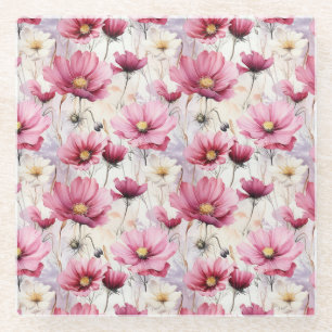 POSAVASOS DE VIDRIO FLORES DE ANEMONA DE COLOR ROSA Y BLANCA