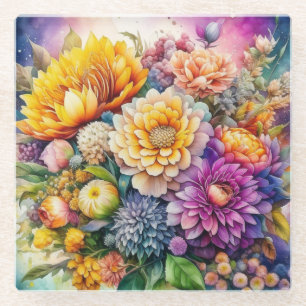 Posavasos De Vidrio Flores de arte de acuarela con colores bonitos