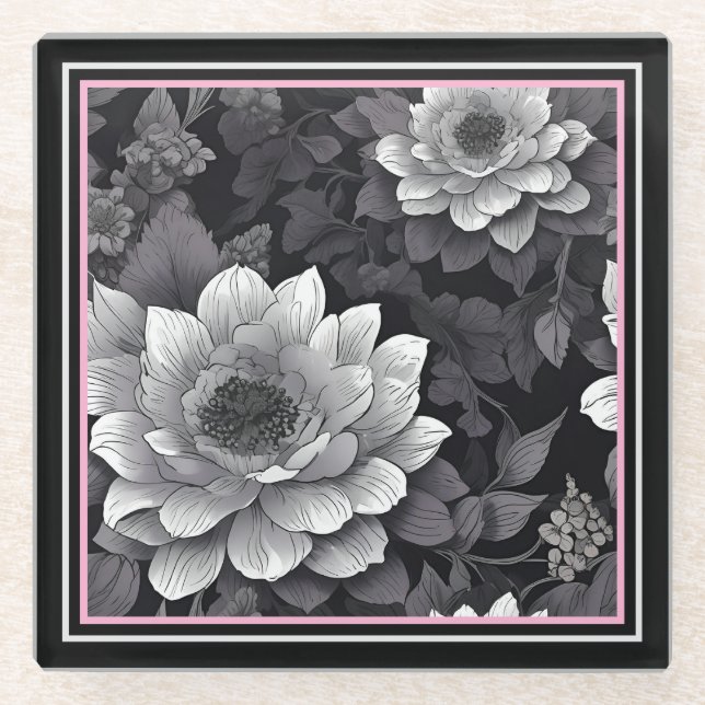 Posavasos De Vidrio Flores de blanco y negro (Anverso)
