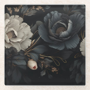 Posavasos De Vidrio Flores de blanco y negro
