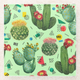 Posavasos De Vidrio Flores de Cactus: Fondo Geométrico Acuarela.