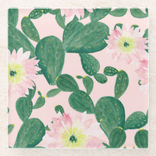 Posavasos De Vidrio Flores de cactus: pintura acuarela
