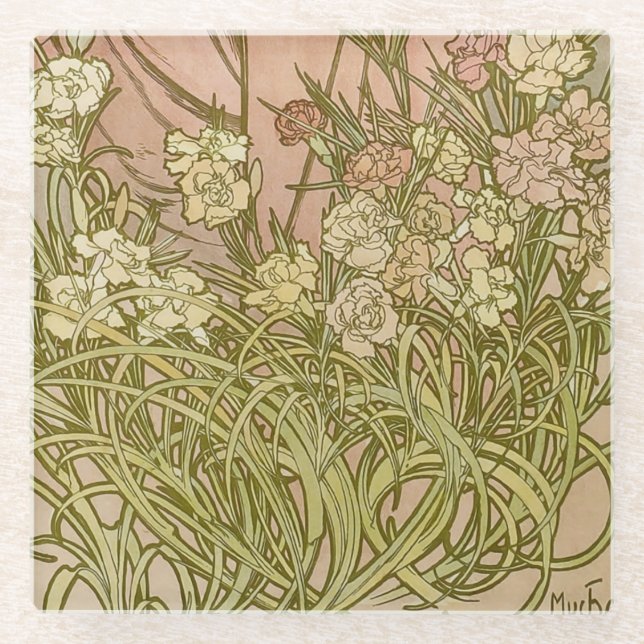 Posavasos De Vidrio Flores de clavel floral Art Nouveau Alfonse Mucha (Anverso)