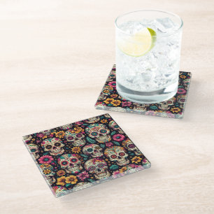 Posavasos De Vidrio Flores de Cráneo de Azúcar