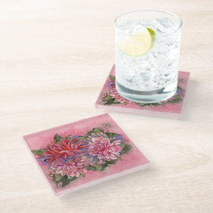 Posavasos De Vidrio Flores de dalias rosadas acuarela