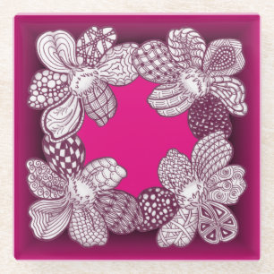 Posavasos De Vidrio Flores de doodle color rosa o Personalizado