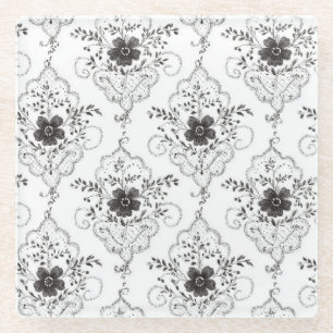 Posavasos De Vidrio Flores de encaje falso blanco negro