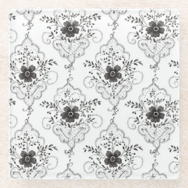 Posavasos De Vidrio Flores de encaje falso blanco negro (Anverso)