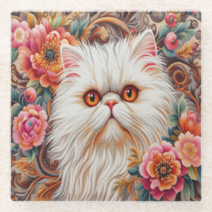 Posavasos De Vidrio Flores de gatito persa, gato persa floral