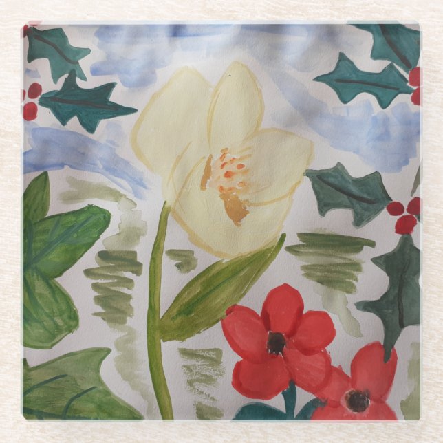 Posavasos De Vidrio Flores de invierno y Holly (Anverso)