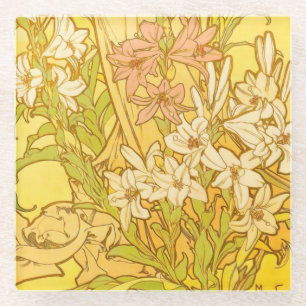 Posavasos De Vidrio flores de lirio Art Nouveau de Alfonse Mucha