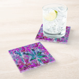 Posavasos De Vidrio Flores de lirio orientales abstractos de color agu