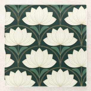 Posavasos De Vidrio Flores de Loto Art Déco en Patrón de Abanicos Dora