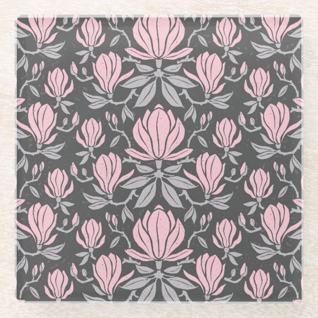 Posavasos De Vidrio Flores de magnolia, patrón impecable dibujado a ma (Anverso)