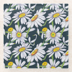 Posavasos De Vidrio Flores de Manzanilla: Acuarela de Agua Azul Oscuro