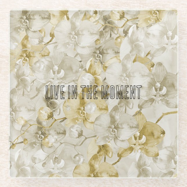 Posavasos De Vidrio Flores de orquídeas de crema de oro (Anverso)