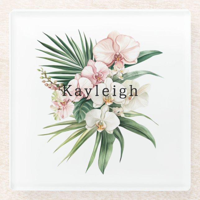 Posavasos De Vidrio Flores de orquídeas rosadas tropicales (Anverso)
