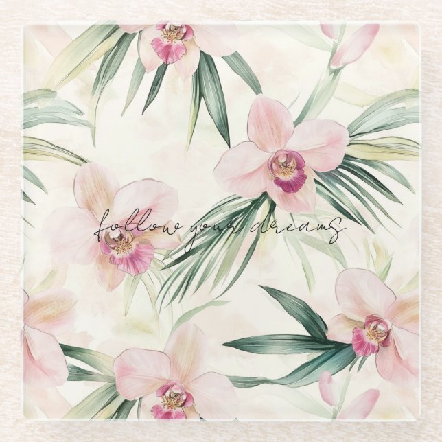 Posavasos De Vidrio Flores de orquídeas tropicales rosadas de bonito (Anverso)