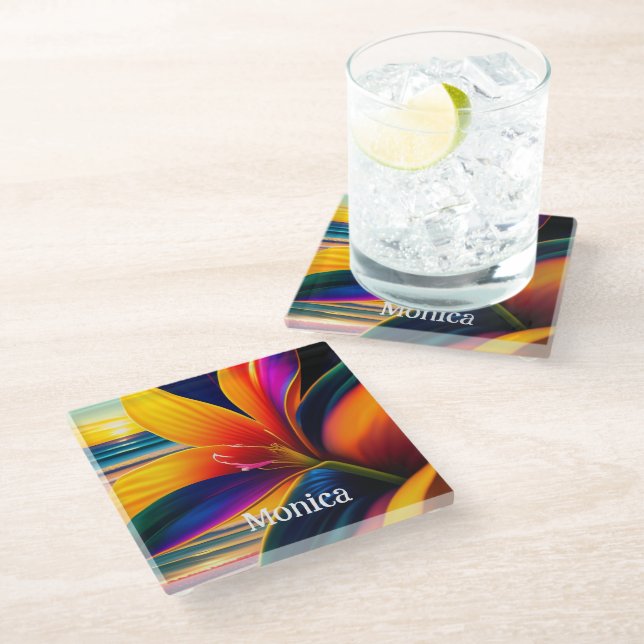 Posavasos De Vidrio Flores de paraíso tropical personalizadas (Angular)