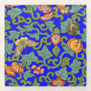 Posavasos De Vidrio Flores de porcelana china de época y mariposas