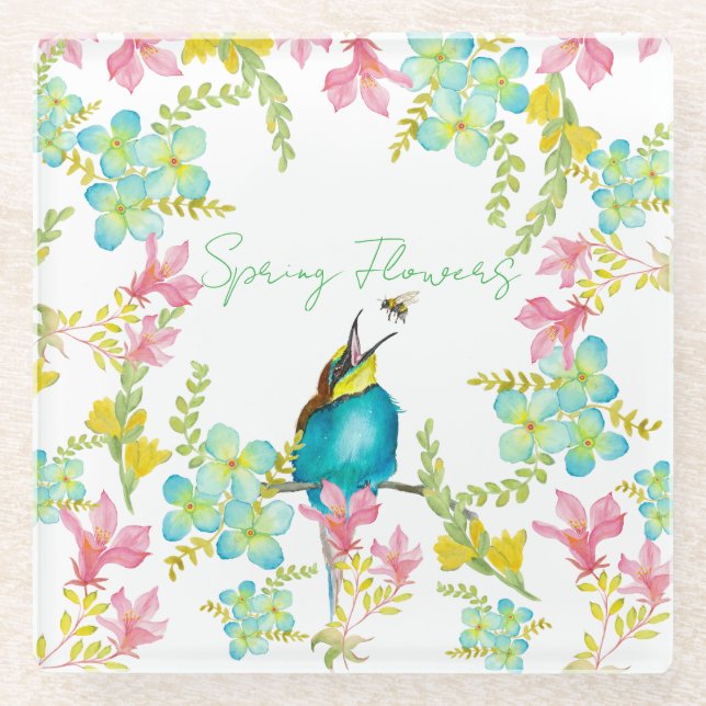 Posavasos De Vidrio Flores de primavera acuarela (Anverso)