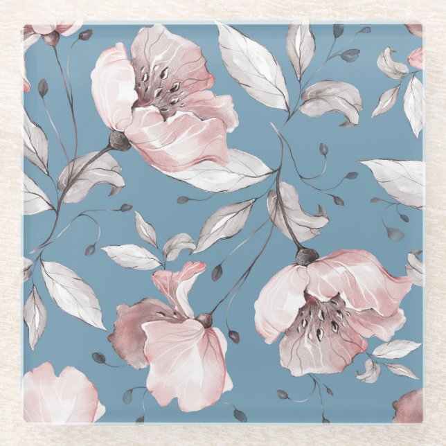 Posavasos De Vidrio Flores de primavera, hojas, diseño sin fisuras (Anverso)