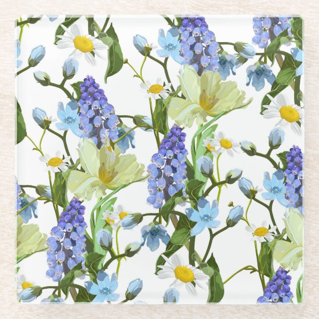 Posavasos De Vidrio Flores de primavera. Narciso, moscari, margarita.  (Anverso)