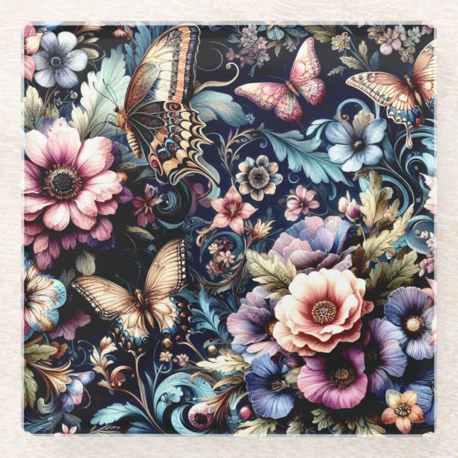 Posavasos De Vidrio Flores de primavera y mariposas antiguas (Anverso)