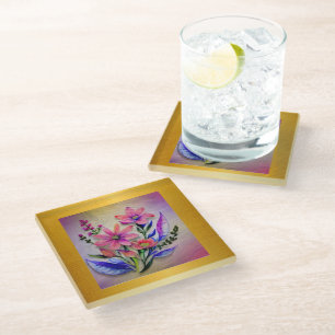 Posavasos De Vidrio Flores de ramo de acuarela, fondo colorido