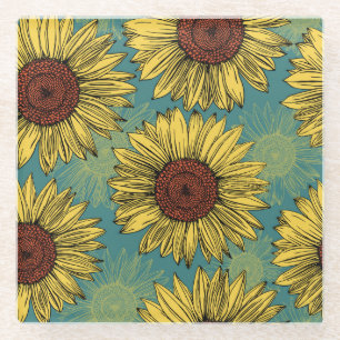 Posavasos De Vidrio Flores de sol de mano azul