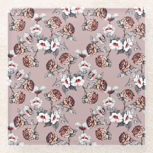 Posavasos De Vidrio Flores dibujadas a mano, acuarela rosa. (Anverso)