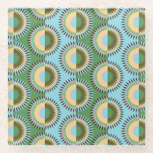 Posavasos De Vidrio Flores dobladas: patrón retro azul-verde.