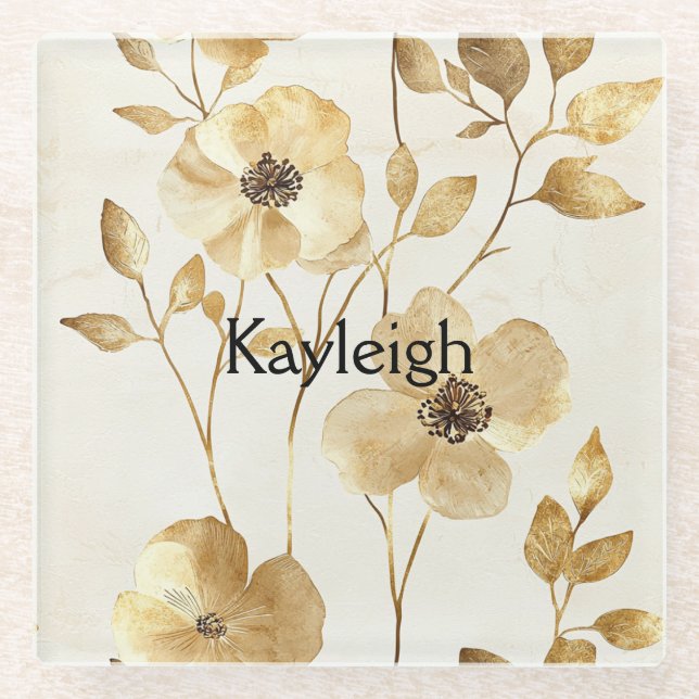 Posavasos De Vidrio Flores Doradas Chic (Anverso)