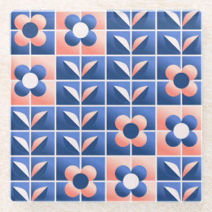 Posavasos De Vidrio Flores estilizadas retro: patrón mosaico.