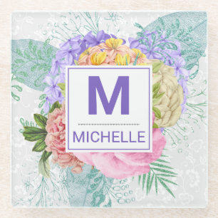 Posavasos De Vidrio Flores Hermosas de Primavera en Pastel Monograma