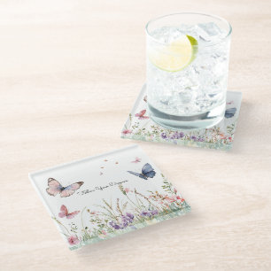 Posavasos De Vidrio Flores Mariposas Moradas Rosadas Rojas