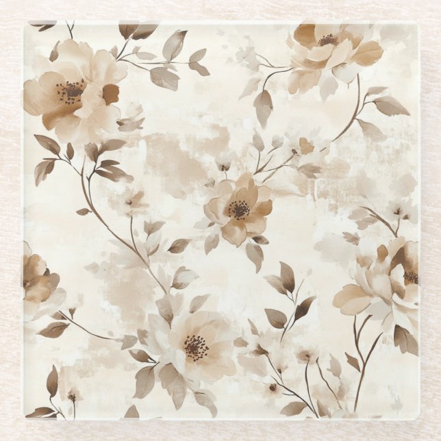 Posavasos De Vidrio Flores Marrones Crema (Anverso)