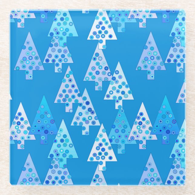 Posavasos De Vidrio Flores modernas árboles de Navidad - azul ceruleño (Anverso)