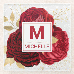 Posavasos De Vidrio Flores Monograma Hermosas Rojas y Doradas
