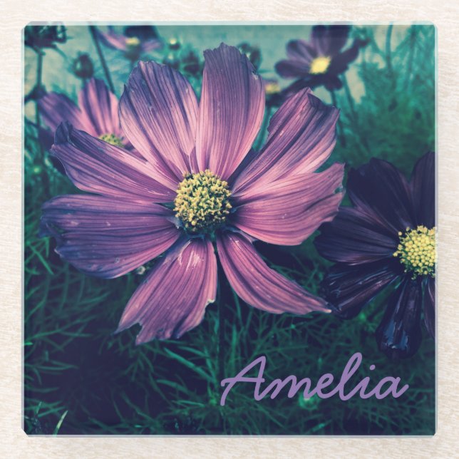 Posavasos De Vidrio Flores Moradas Personalizadas (Anverso)
