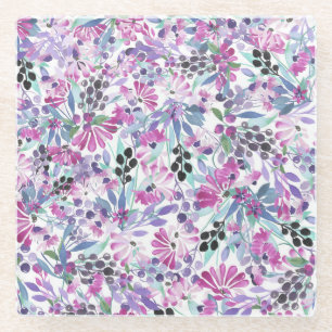 Posavasos De Vidrio Flores moradas y bayas: acuarela
