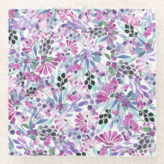 Posavasos De Vidrio Flores moradas y bayas: acuarela