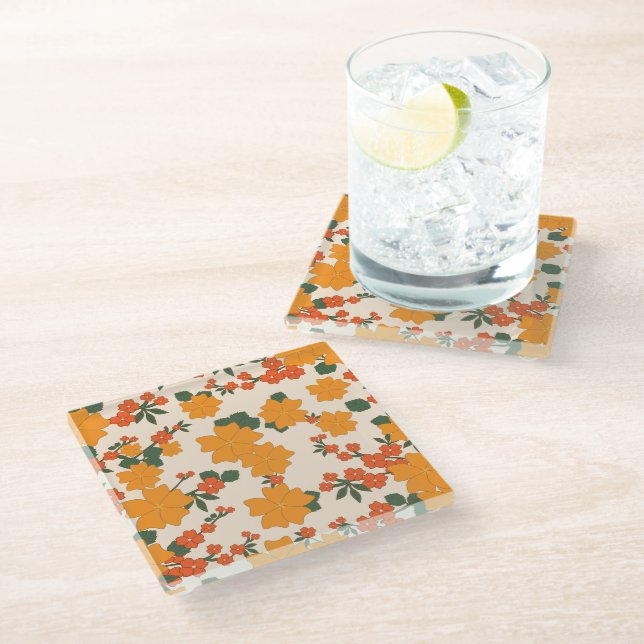 Posavasos De Vidrio Flores naranjas, Patrón Floral, Patrón De Flores (Angular)