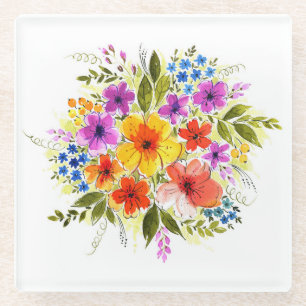Posavasos De Vidrio Flores pintadas a mano, ramo de acuarela brillante