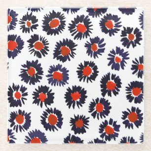 Posavasos De Vidrio Flores pintadas a mano, tónica roja y azul.