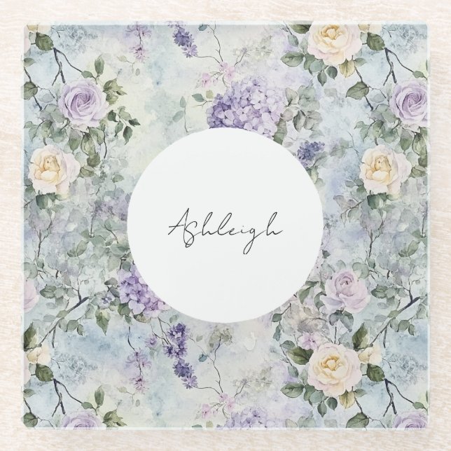 Posavasos De Vidrio Flores púrpura crema románticas Baby Shower (Anverso)